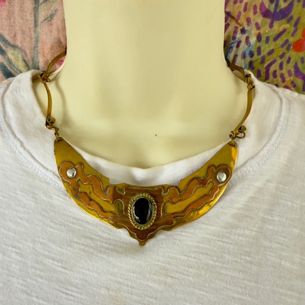 Vintage 70s artisan modernist brass copper bib brutalist necklace